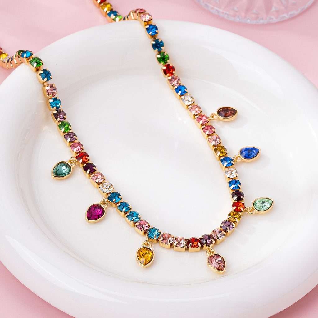 Multicolor Glass Crystal Tennis Teardrop Necklace | 80N92890