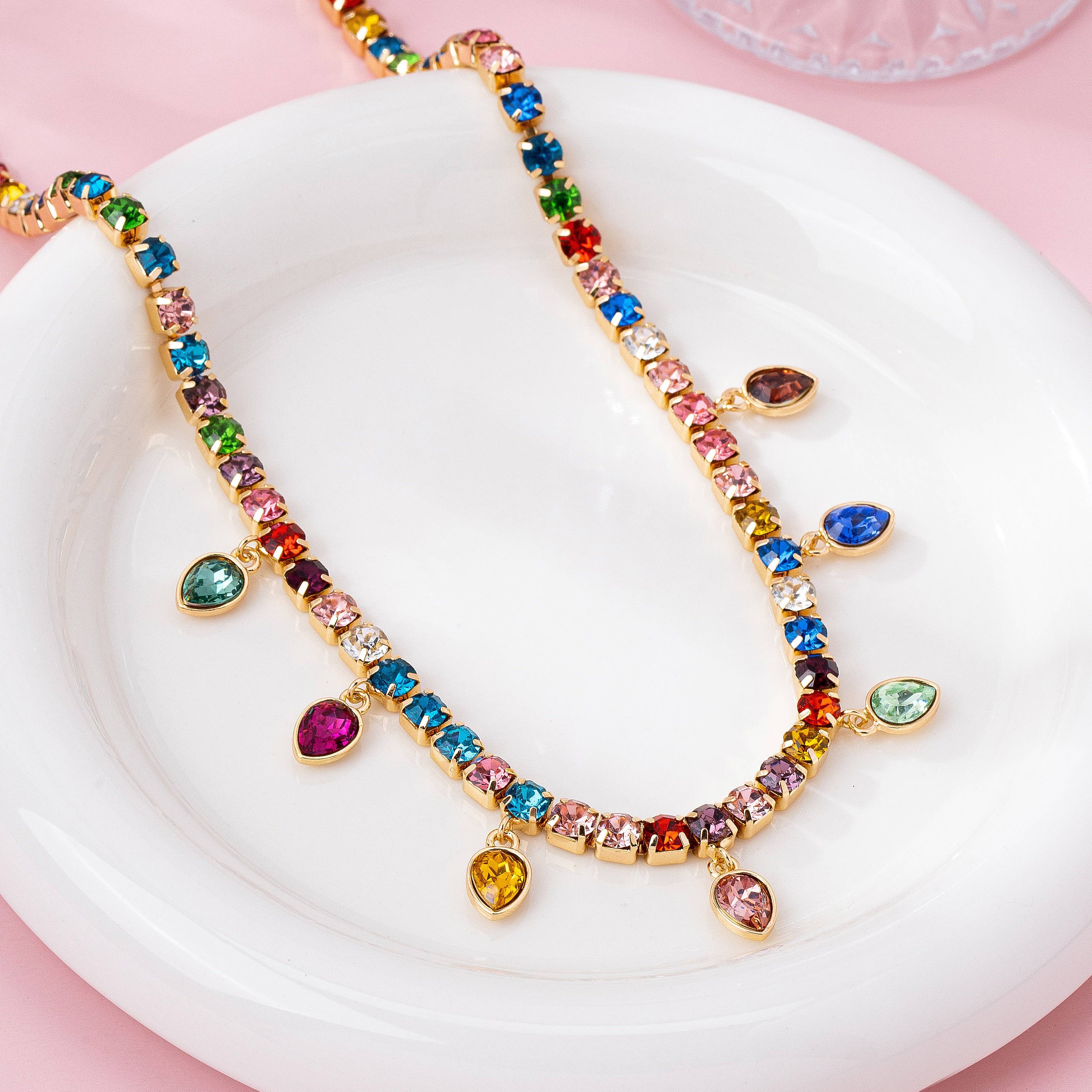 Multicolor Glass Crystal Tennis Teardrop Necklace | 80N92890