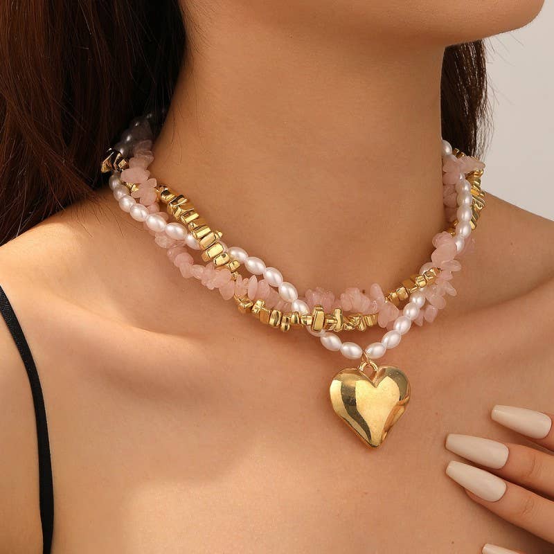 NATURAL STONE PEARL BEADED HEART NECKLACE | 40NK9601
