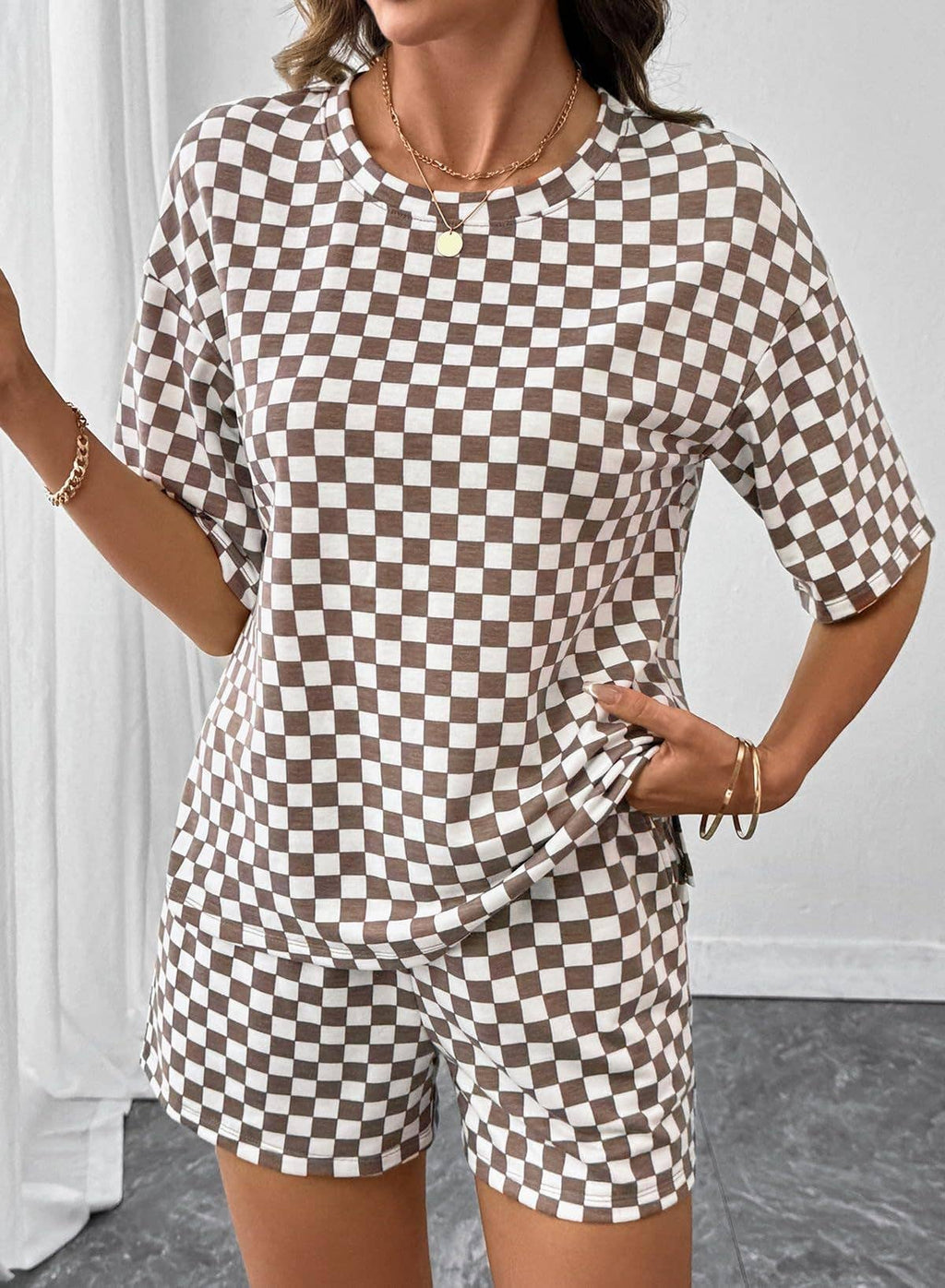PRE-ORDER: Women's Checkerboard Lounge Set Drawstring Shorts Casual