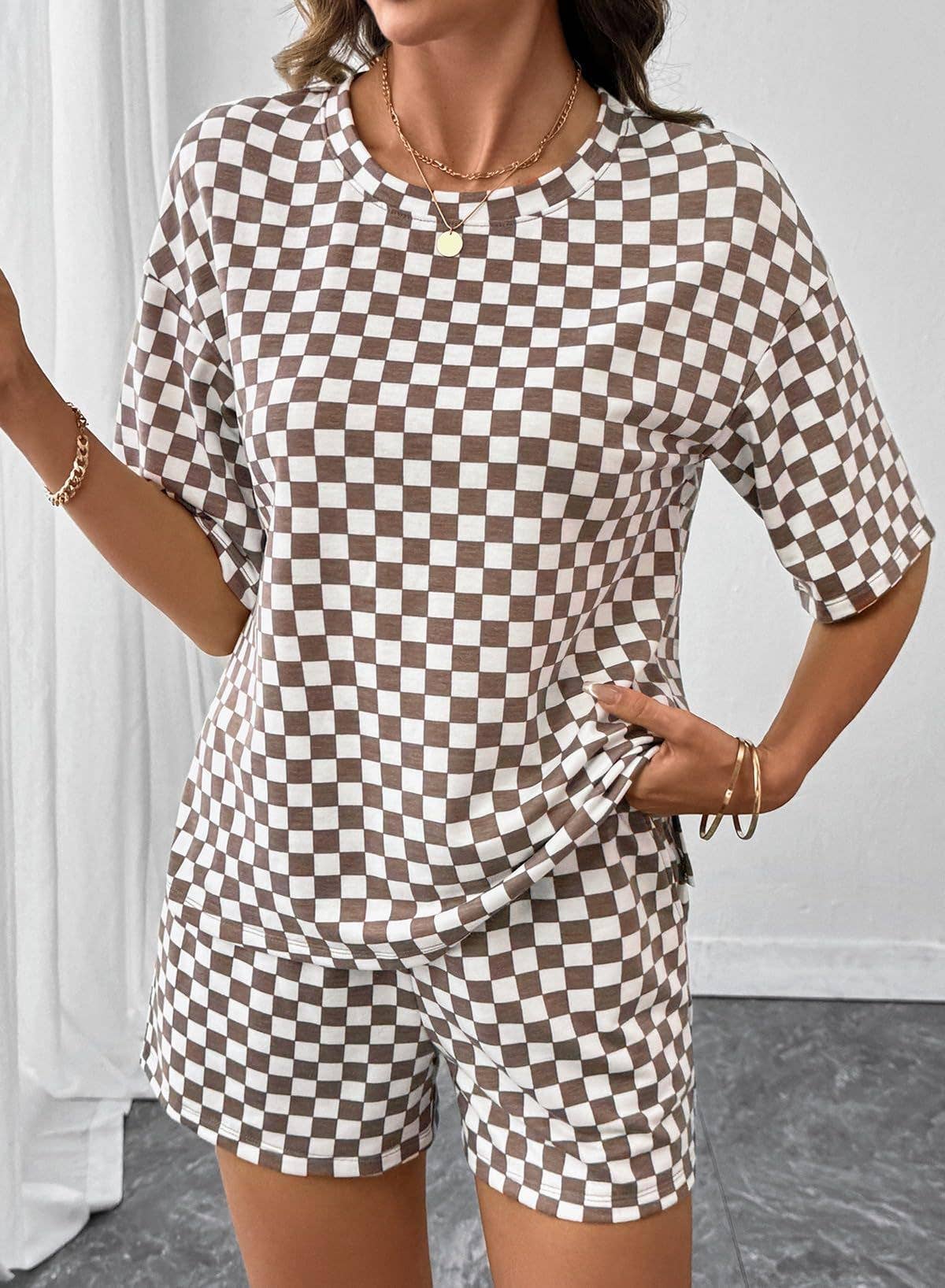 PRE-ORDER: Women's Checkerboard Lounge Set Drawstring Shorts Casual
