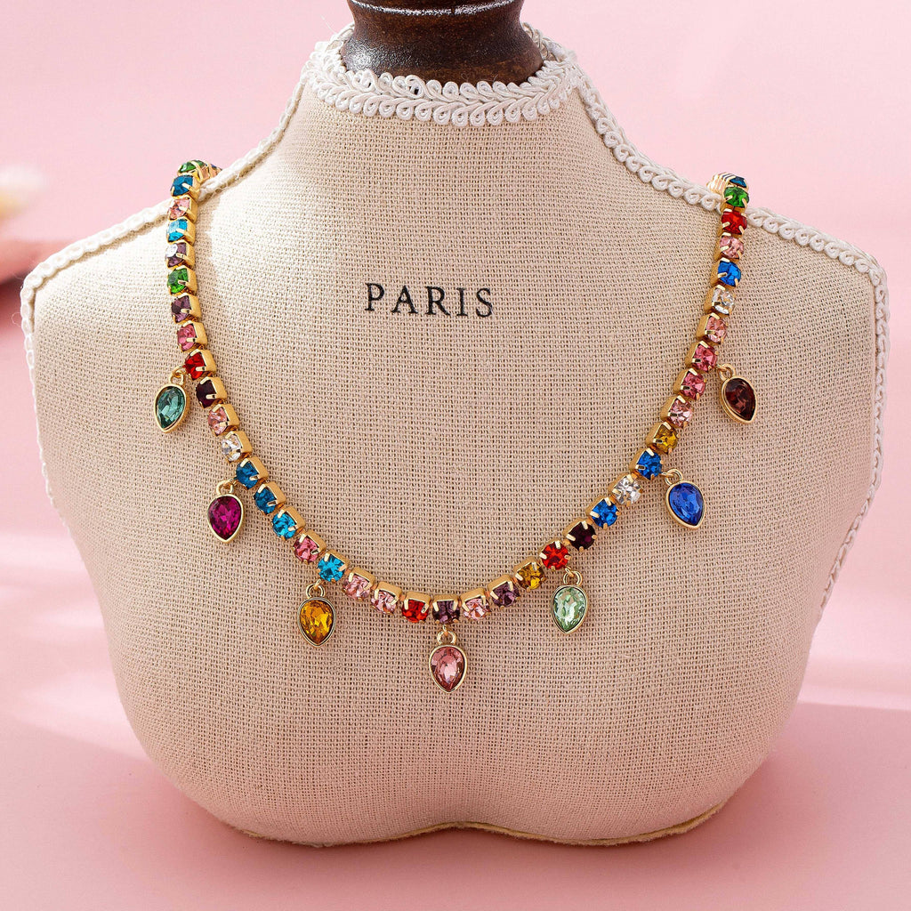 Multicolor Glass Crystal Tennis Teardrop Necklace | 80N92890