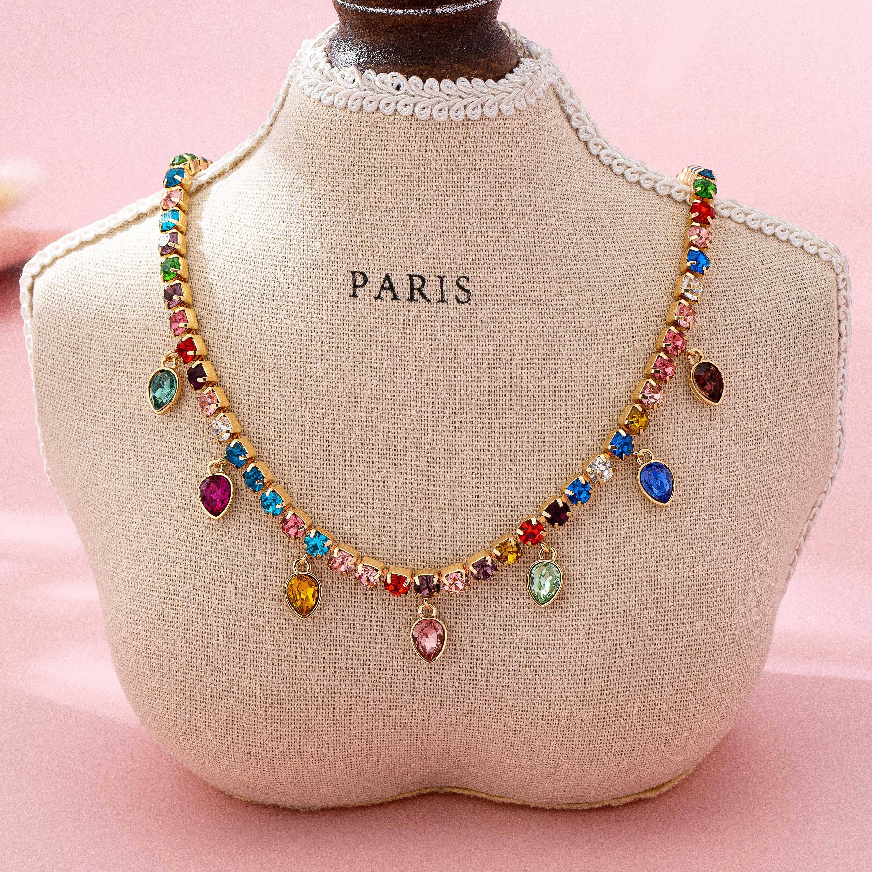 Multicolor Glass Crystal Tennis Teardrop Necklace | 80N92890