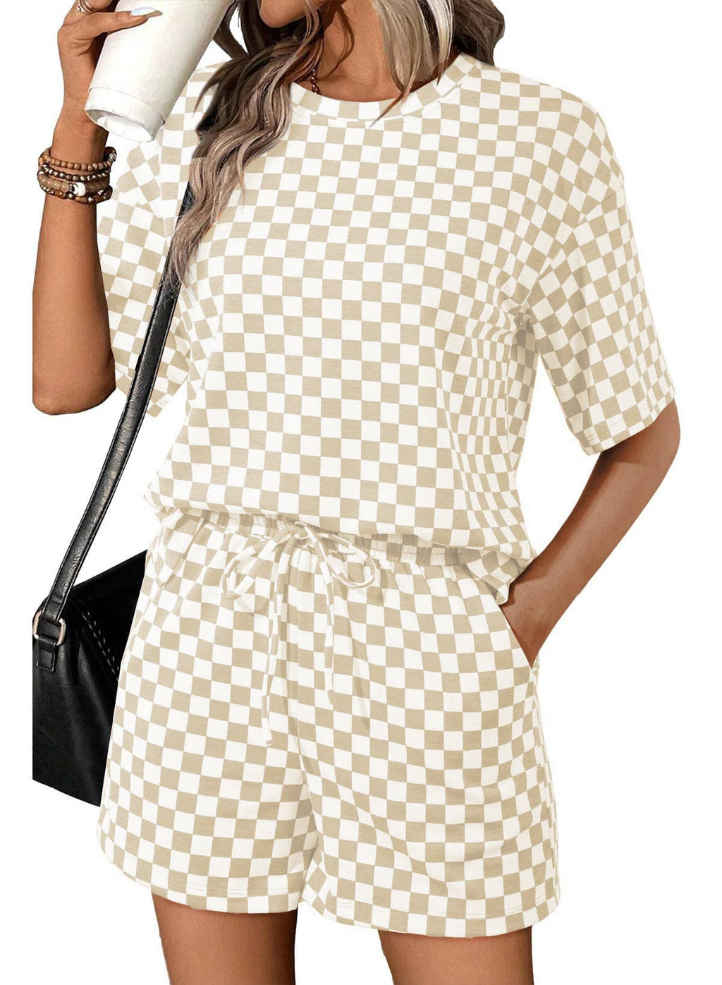 PRE-ORDER: Women's Checkerboard Lounge Set Drawstring Shorts Casual