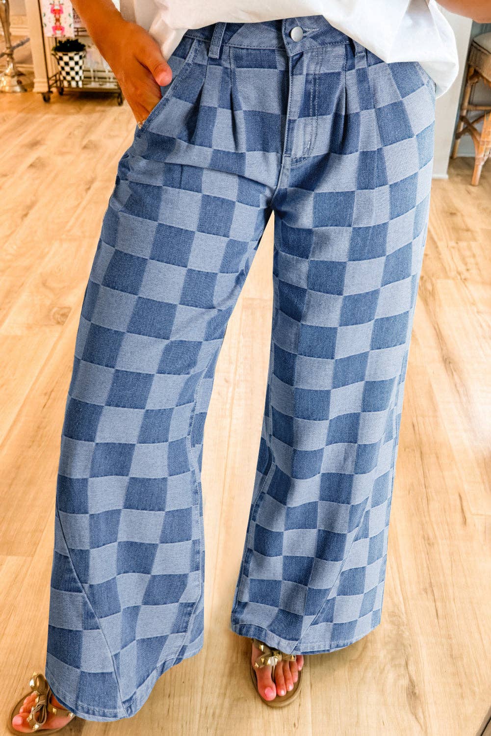 PRE-ORDER: Solid Color Checkered Denim Wide Leg Jeans