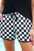 PRE-ORDER: Solid Color Checkered Denim Wide Leg JeansBlack Checkered Drawstring Elastic Waist Casual Shorts