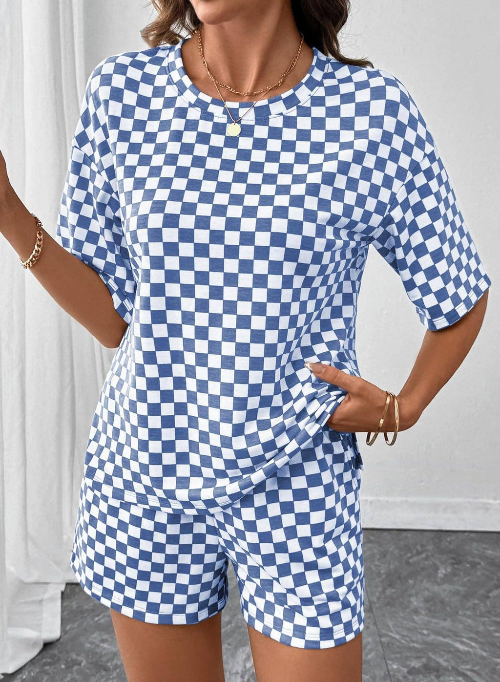 PRE-ORDER: Women's Checkerboard Lounge Set Drawstring Shorts Casual