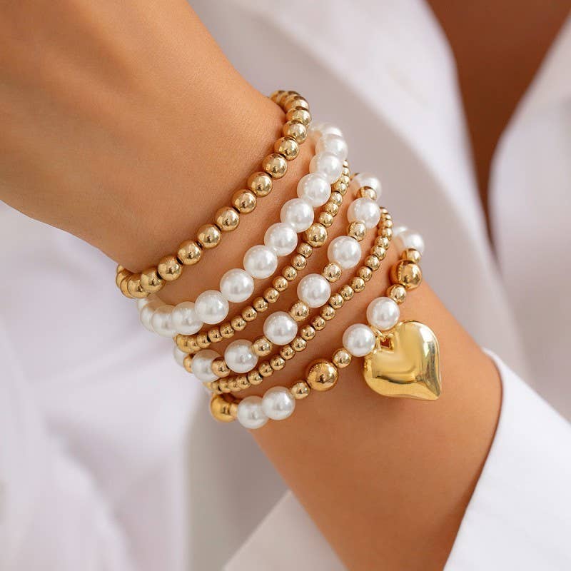 MULTILAYER BALL PEARL CHAIN BEAD HEART BRACELET | 40B5159