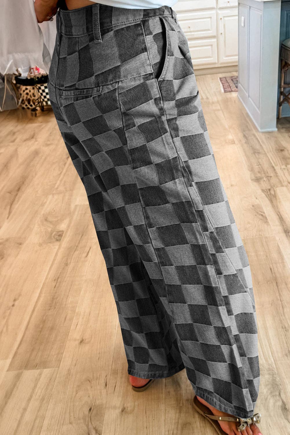 PRE-ORDER: Solid Color Checkered Denim Wide Leg Jeans