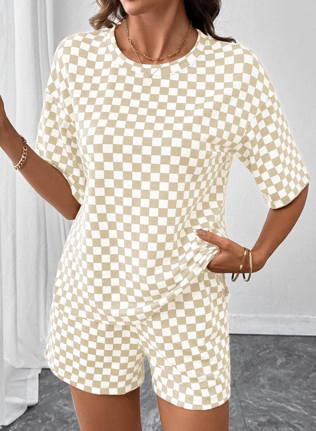 PRE-ORDER: Women's Checkerboard Lounge Set Drawstring Shorts Casual
