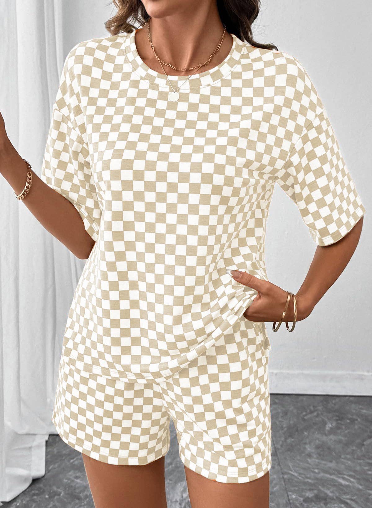 PRE-ORDER: Women's Checkerboard Lounge Set Drawstring Shorts Casual