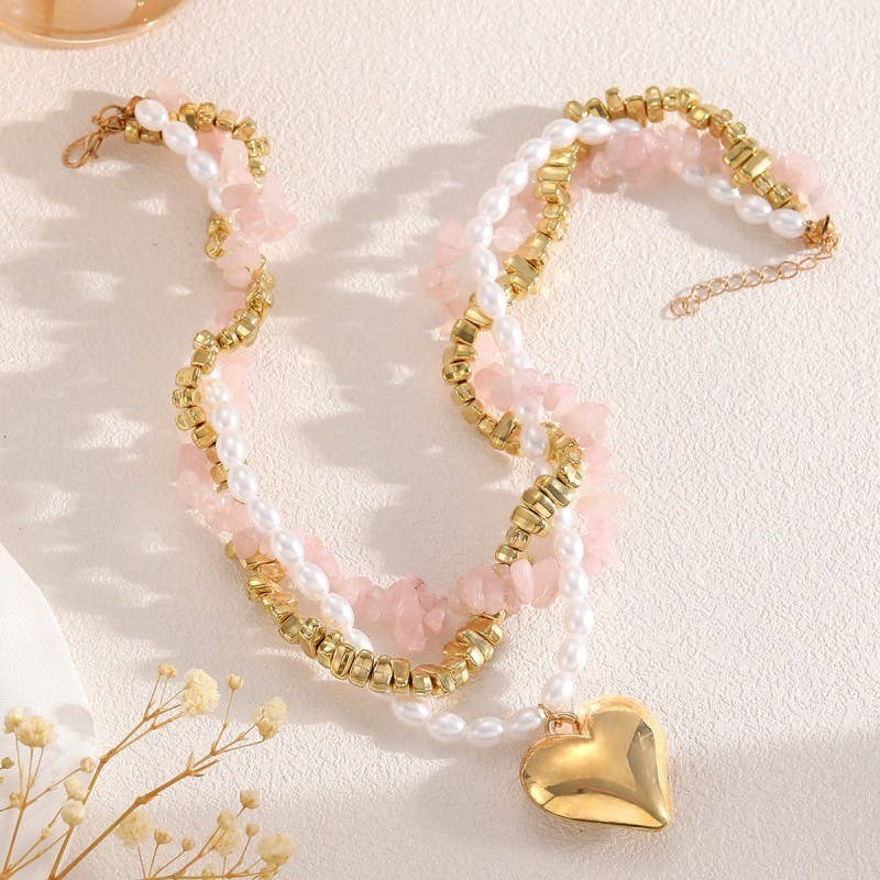 NATURAL STONE PEARL BEADED HEART NECKLACE | 40NK9601