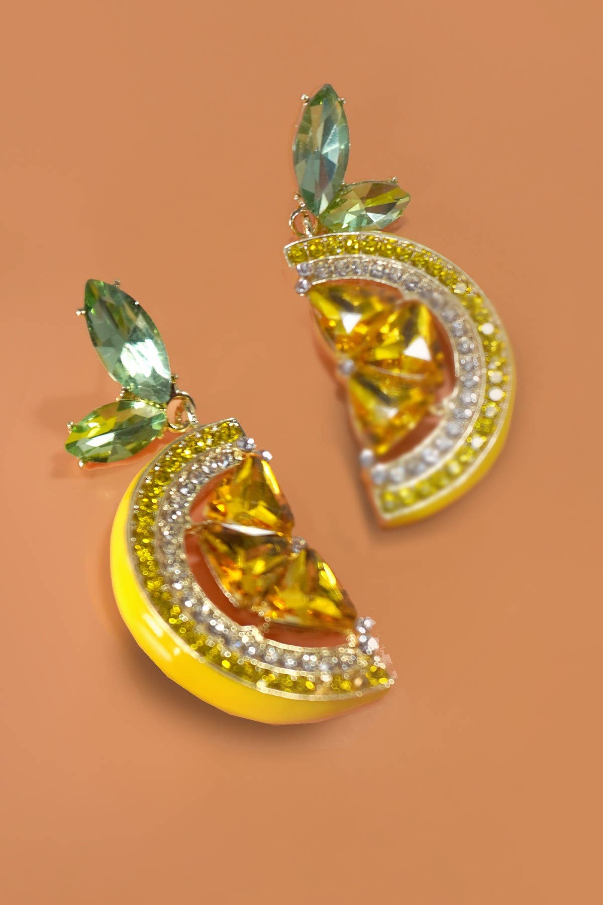 MULTI RHINESTONE FRUIT  LEMON STATEMENT EARRINGS | 40E325