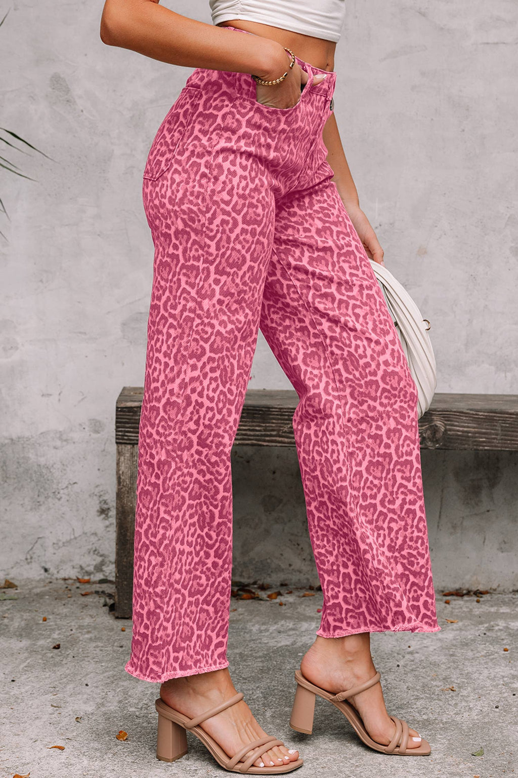 PRE-ORDER: LAS Leopard Frayed Edge Wide Leg High Waist Jeans (4-16)