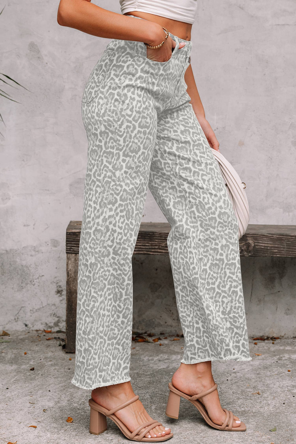 PRE-ORDER: LAS Leopard Frayed Edge Wide Leg High Waist Jeans (4-16)