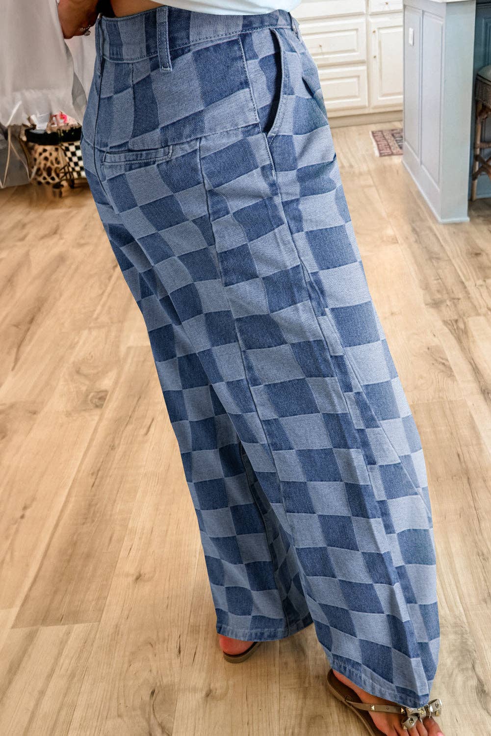 PRE-ORDER: Solid Color Checkered Denim Wide Leg Jeans