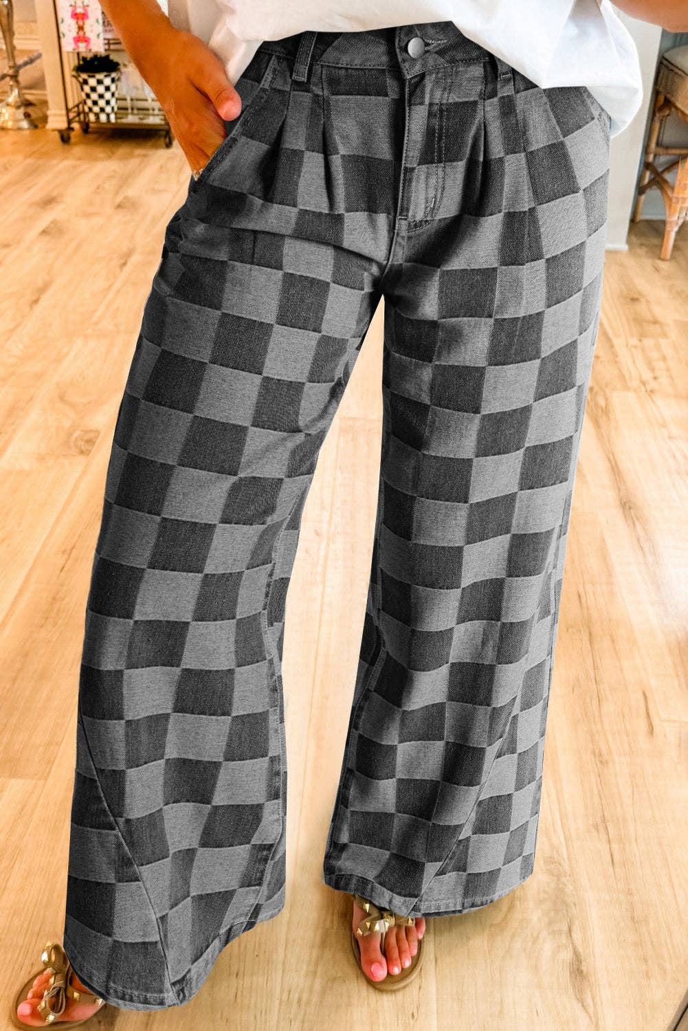 PRE-ORDER: Solid Color Checkered Denim Wide Leg Jeans