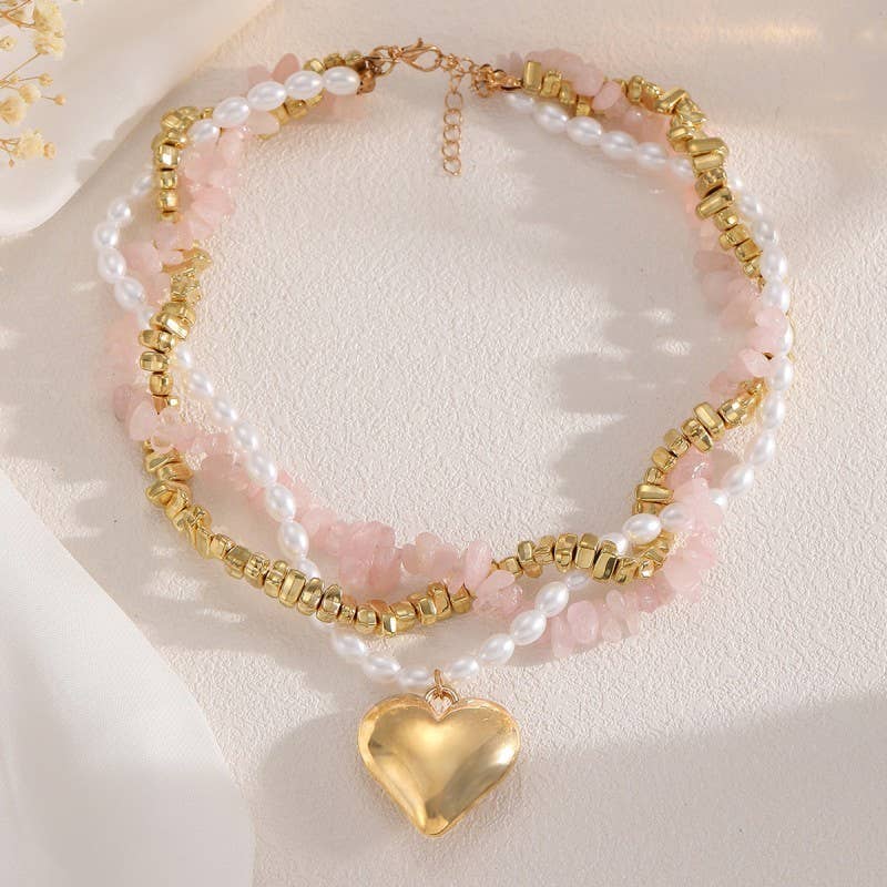 NATURAL STONE PEARL BEADED HEART NECKLACE | 40NK9601