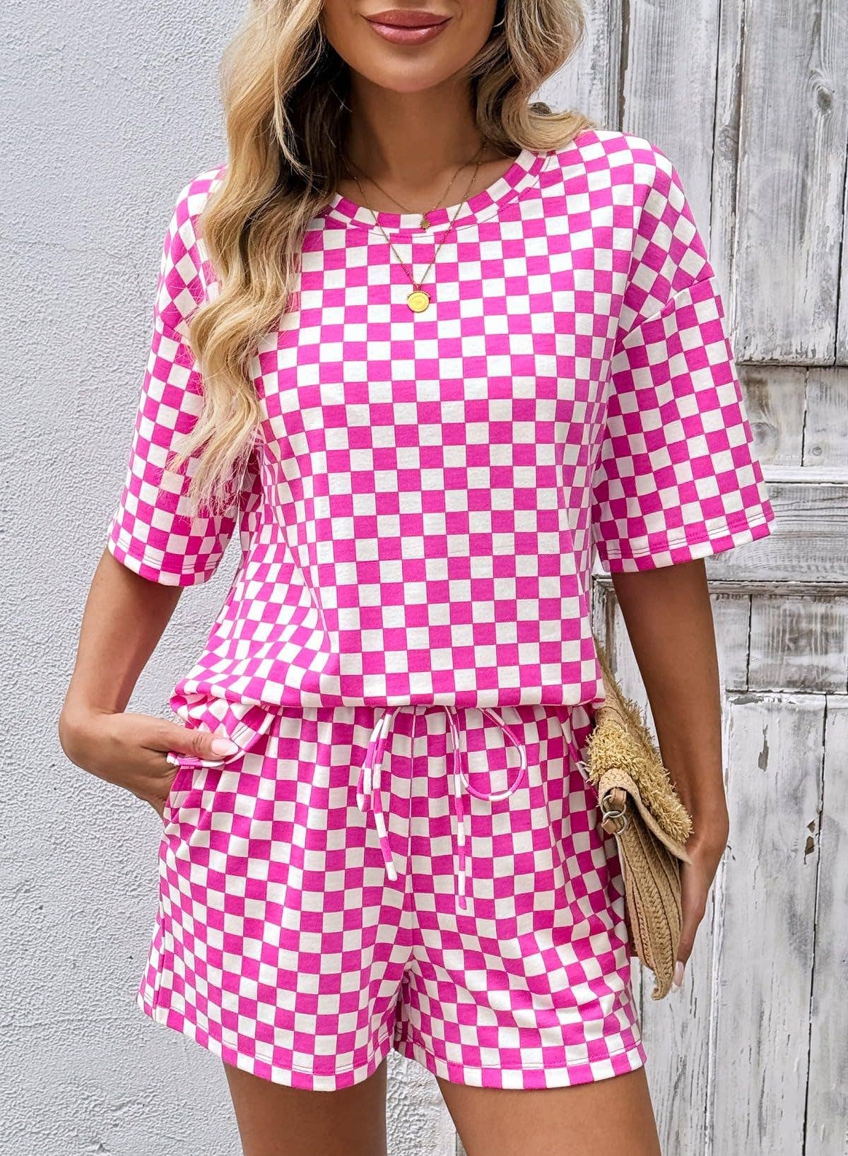 PRE-ORDER: Women's Checkerboard Lounge Set Drawstring Shorts Casual