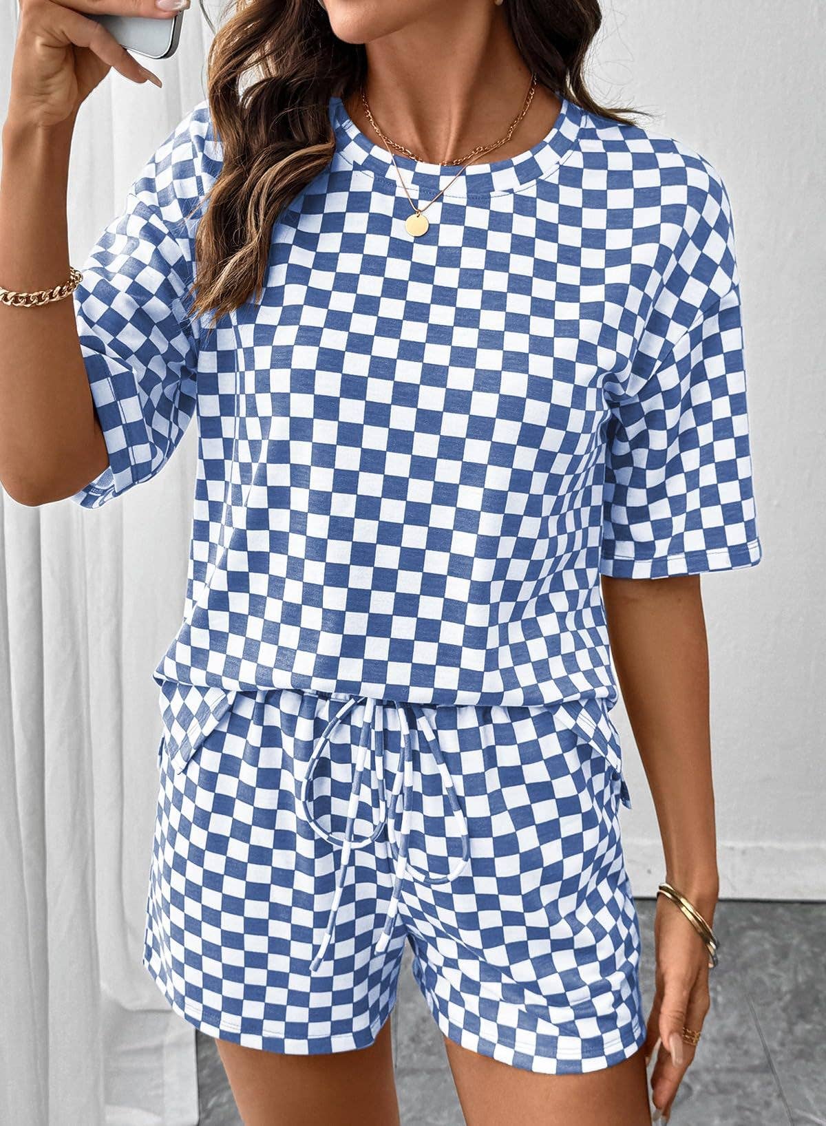 PRE-ORDER: Women's Checkerboard Lounge Set Drawstring Shorts Casual