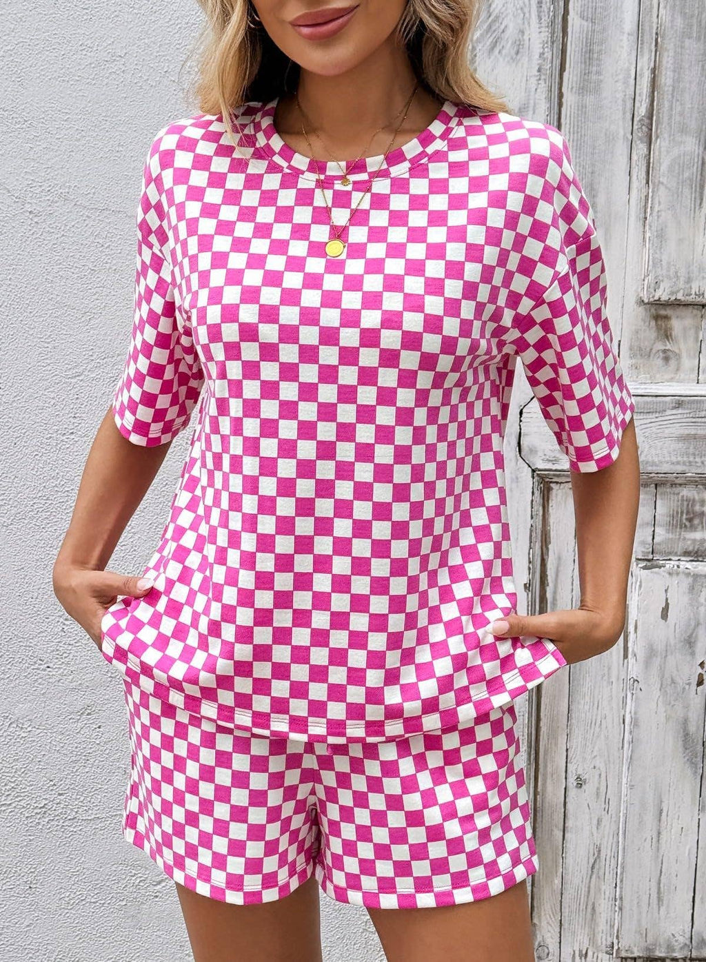 PRE-ORDER: Women's Checkerboard Lounge Set Drawstring Shorts Casual