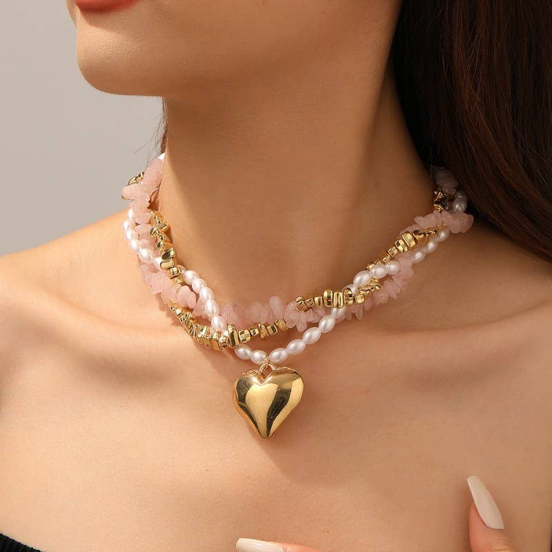 NATURAL STONE PEARL BEADED HEART NECKLACE | 40NK9601