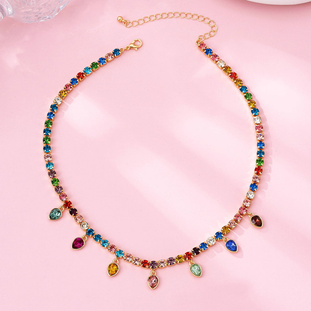 Multicolor Glass Crystal Tennis Teardrop Necklace | 80N92890