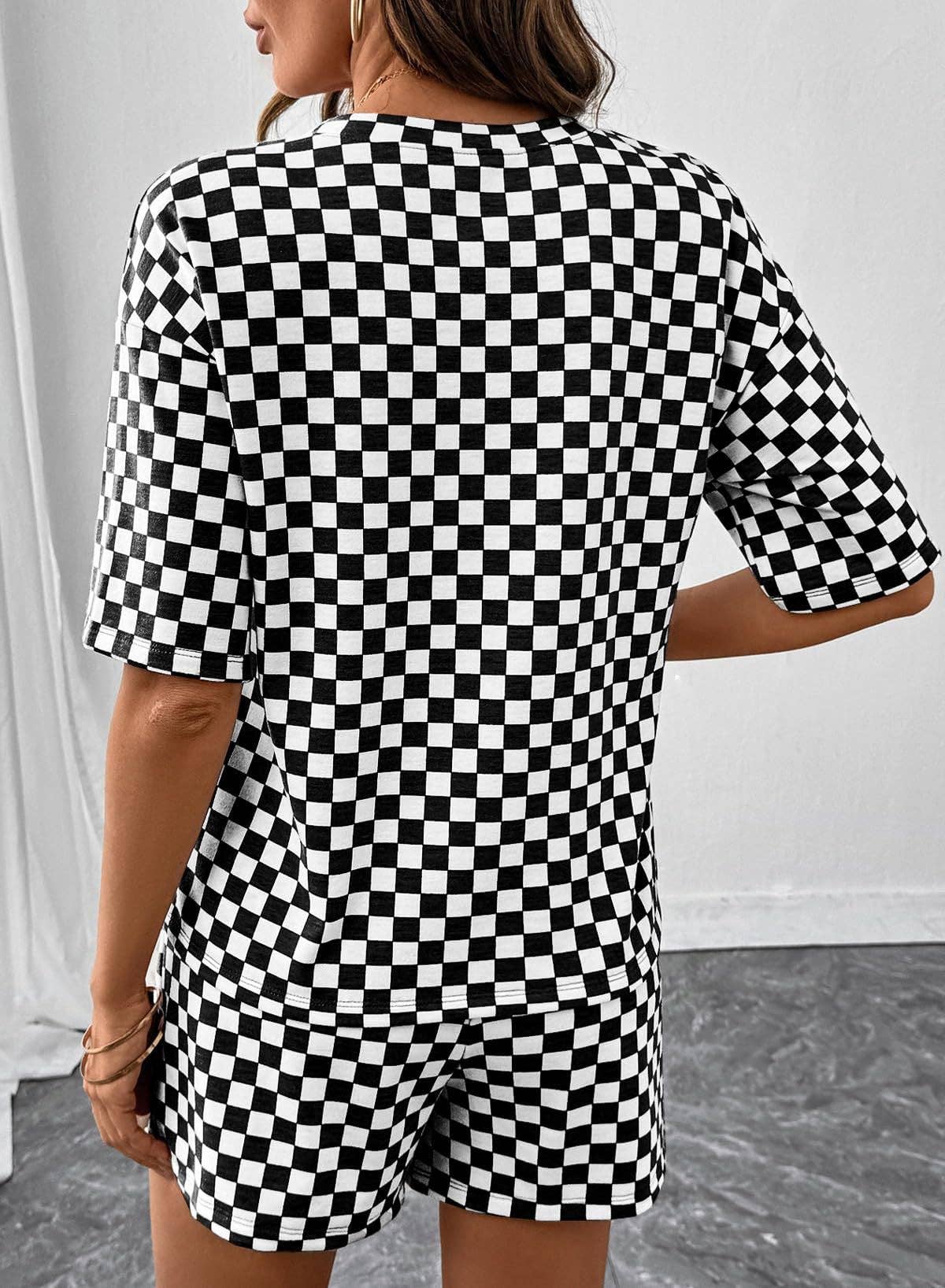 PRE-ORDER: Women's Checkerboard Lounge Set Drawstring Shorts Casual
