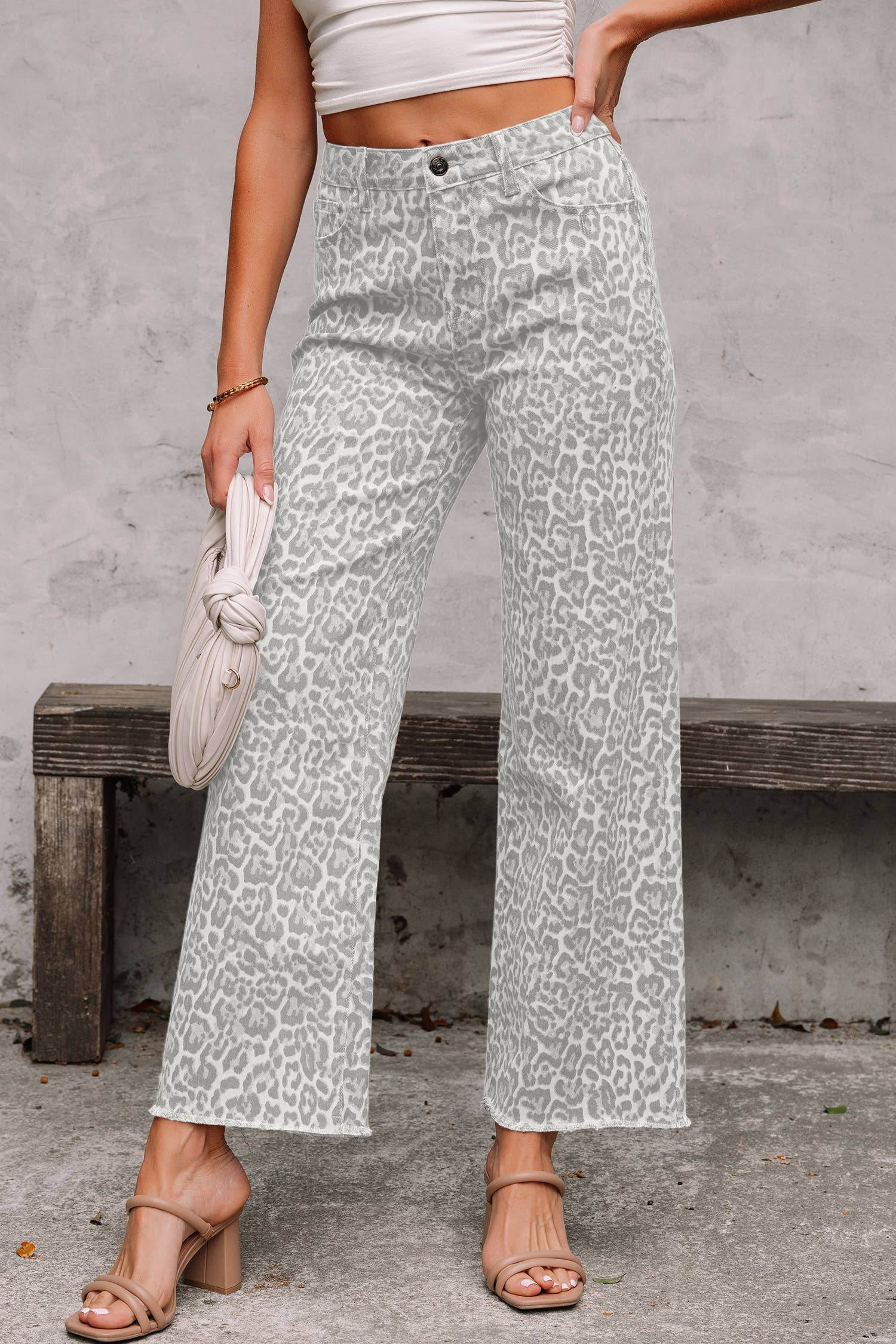 PRE-ORDER: LAS Leopard Frayed Edge Wide Leg High Waist Jeans (4-16)