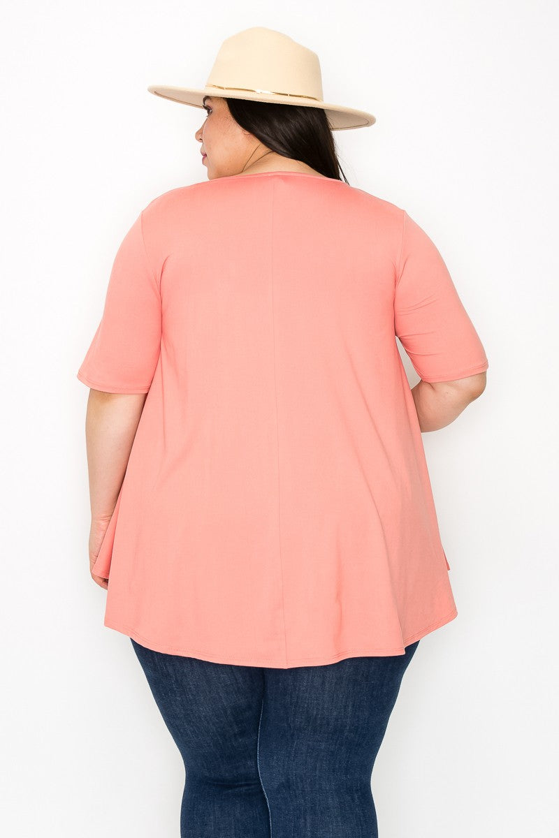(Sizes: 3XL-5XL) Plus Size Coral Short Sleeve Top