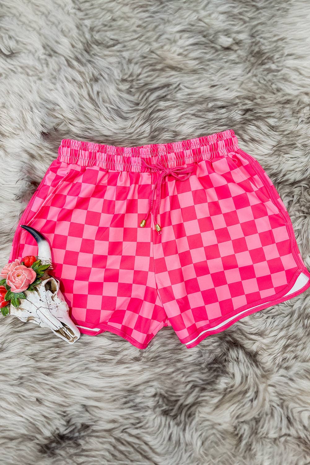 PRE-ORDER: Solid Color Checkered Denim Wide Leg JeansBlack Checkered Drawstring Elastic Waist Casual Shorts
