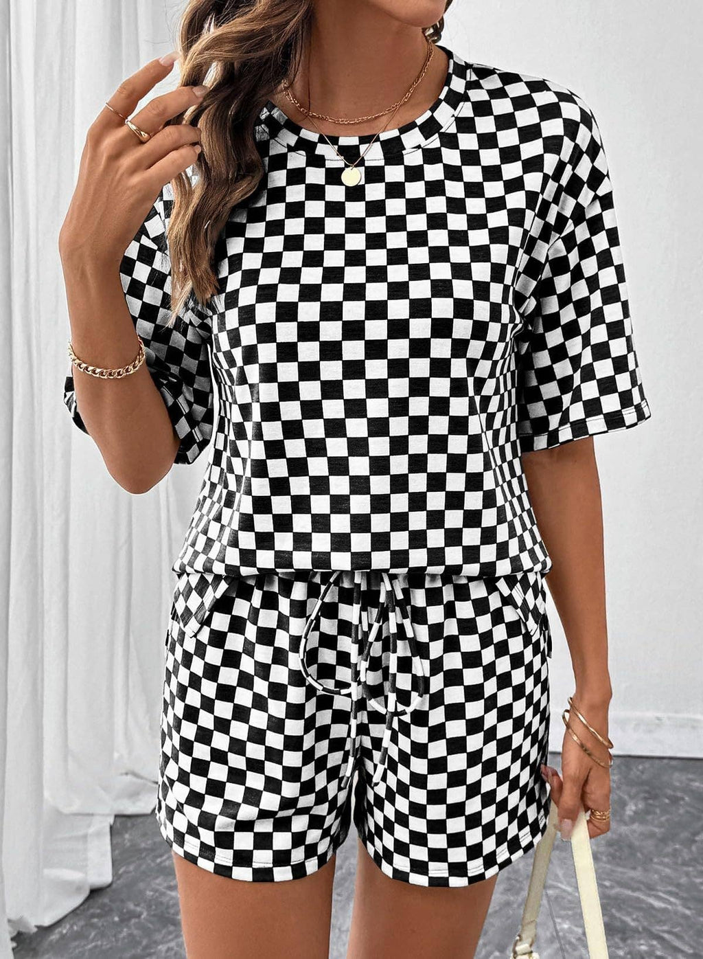 PRE-ORDER: Women's Checkerboard Lounge Set Drawstring Shorts Casual