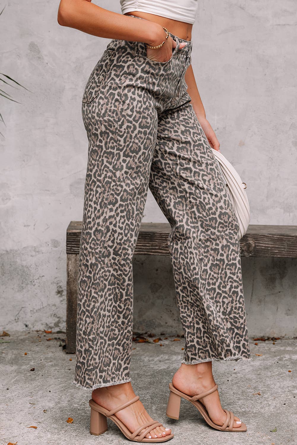 PRE-ORDER: LAS Leopard Frayed Edge Wide Leg High Waist Jeans (4-16)