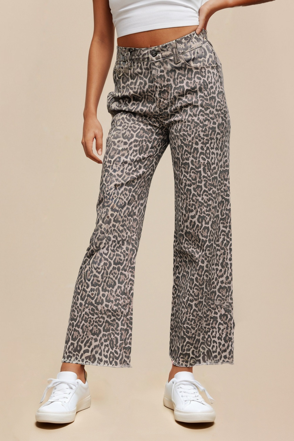 PRE-ORDER: LAS Leopard Frayed Edge Wide Leg High Waist Jeans (4-16)
