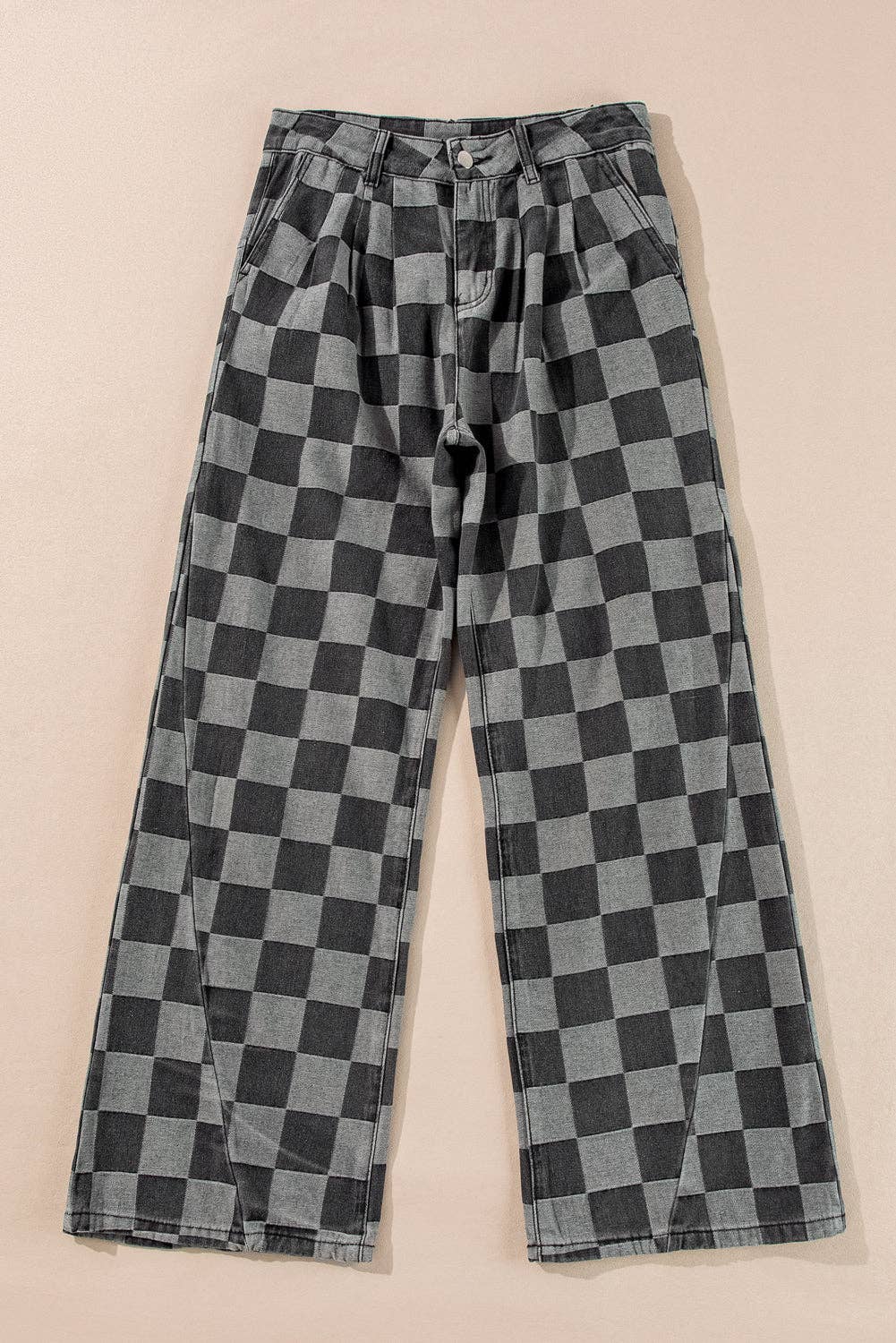 PRE-ORDER: Solid Color Checkered Denim Wide Leg Jeans