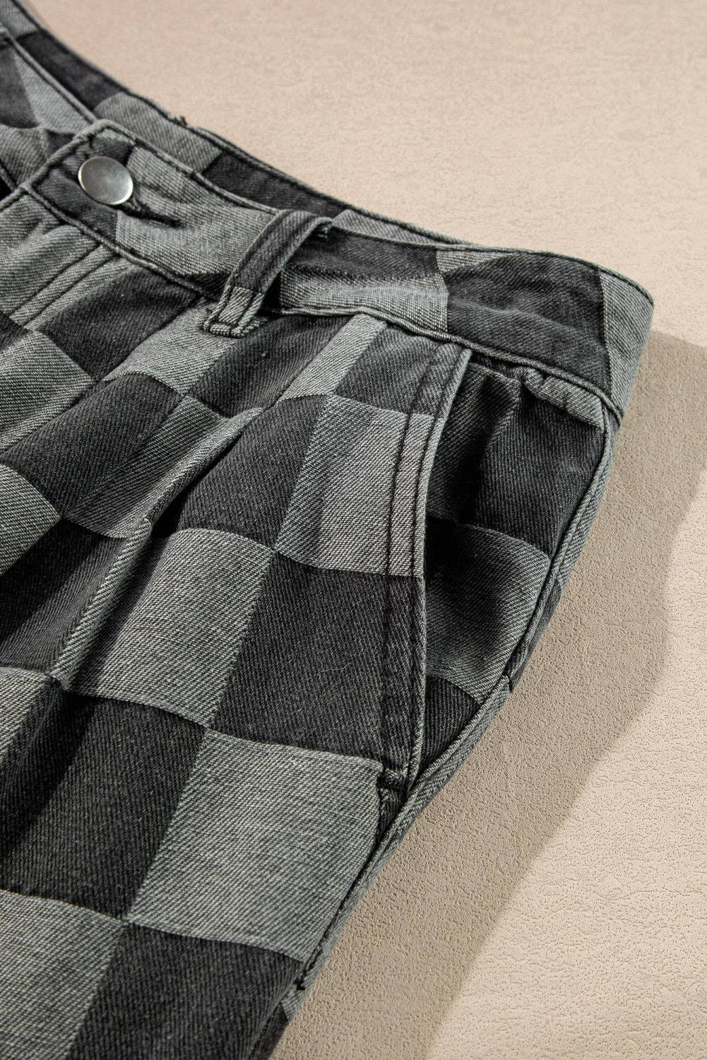 PRE-ORDER: Solid Color Checkered Denim Wide Leg Jeans