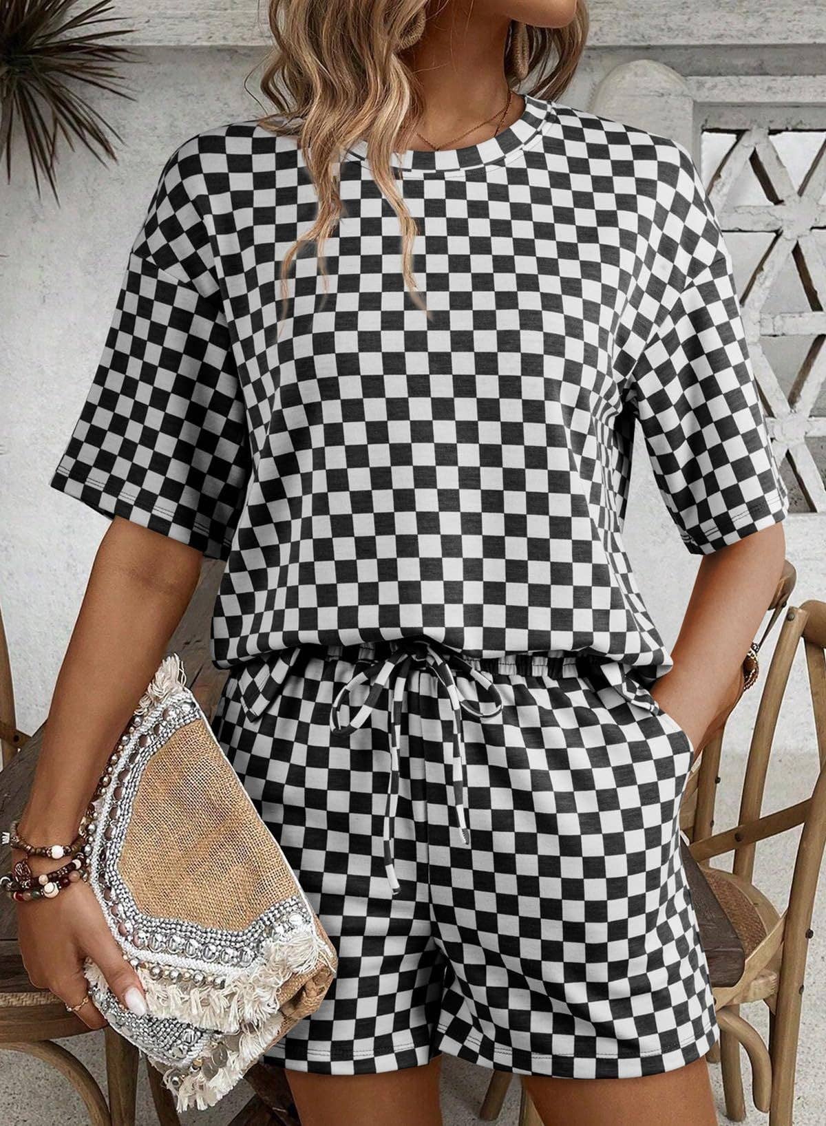 PRE-ORDER: Women's Checkerboard Lounge Set Drawstring Shorts Casual