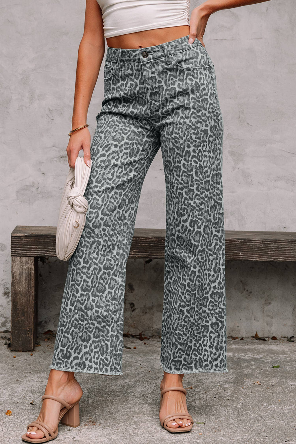 PRE-ORDER: LAS Leopard Frayed Edge Wide Leg High Waist Jeans (4-16)