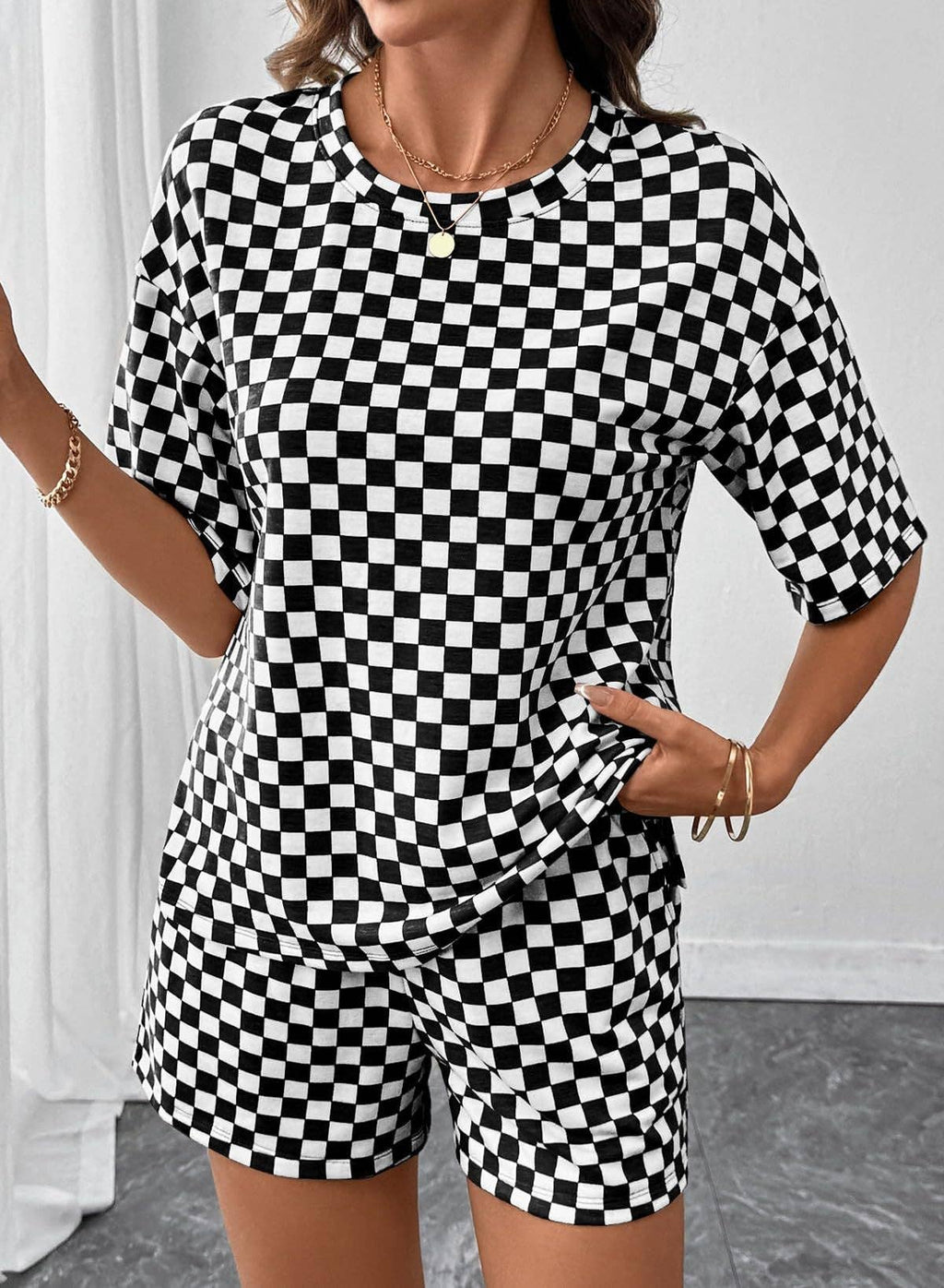 PRE-ORDER: Women's Checkerboard Lounge Set Drawstring Shorts Casual