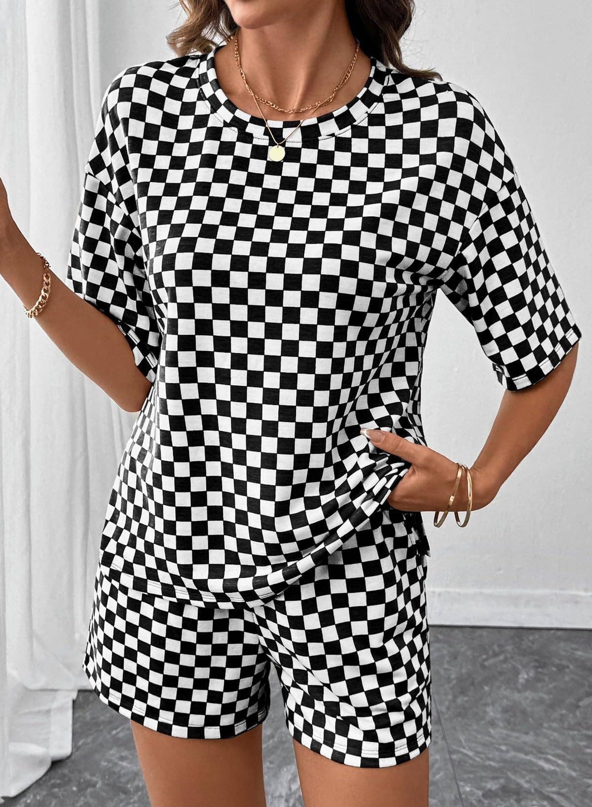 PRE-ORDER: Women's Checkerboard Lounge Set Drawstring Shorts Casual