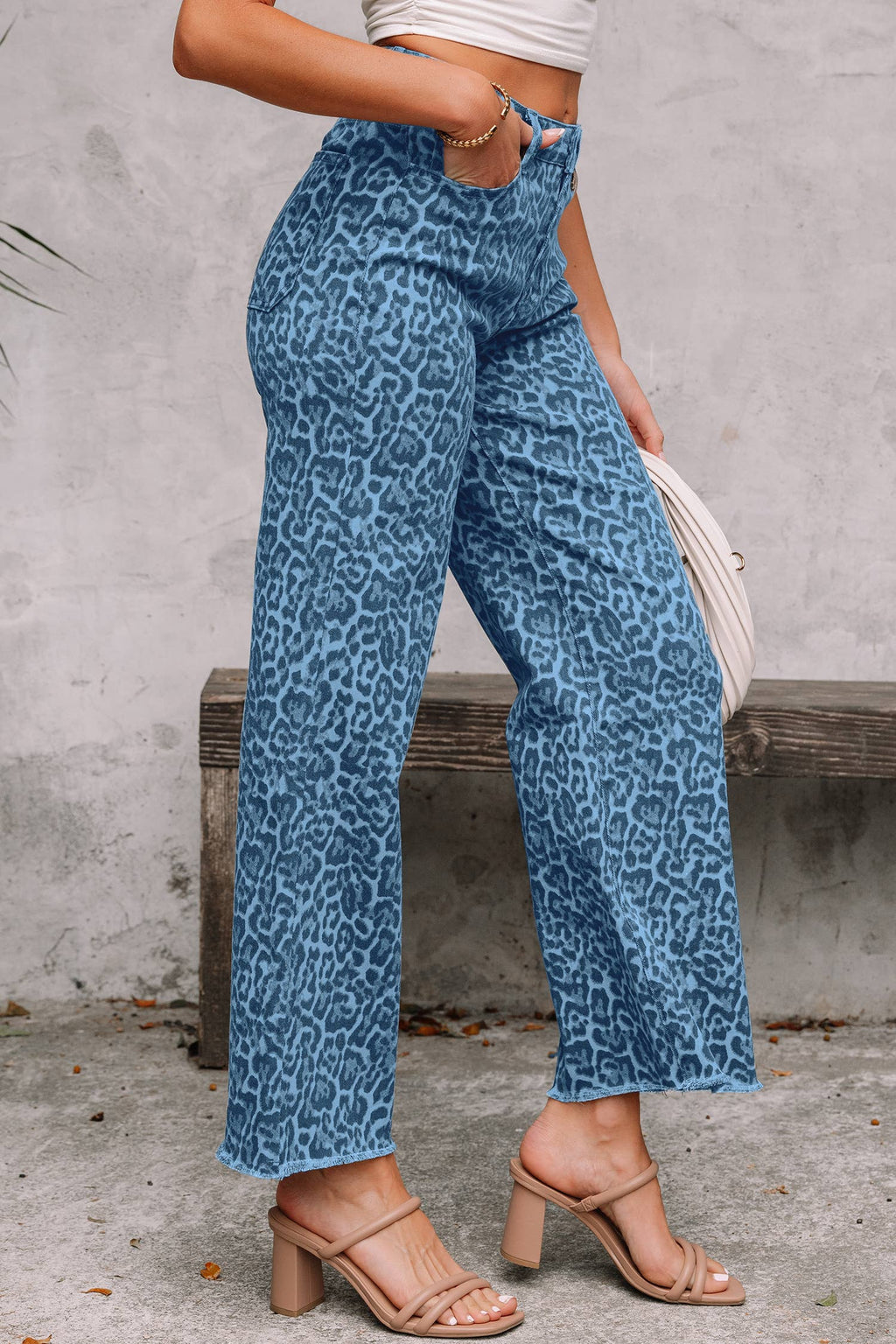 PRE-ORDER: LAS Leopard Frayed Edge Wide Leg High Waist Jeans (4-16)
