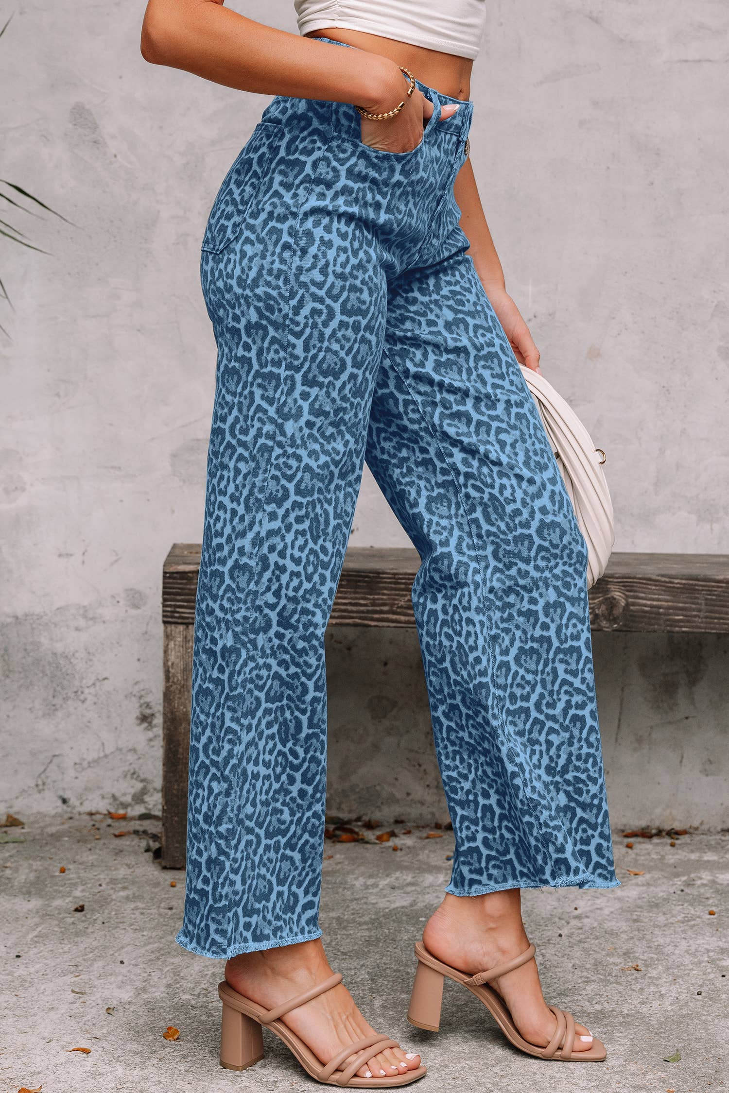 PRE-ORDER: LAS Leopard Frayed Edge Wide Leg High Waist Jeans (4-16)
