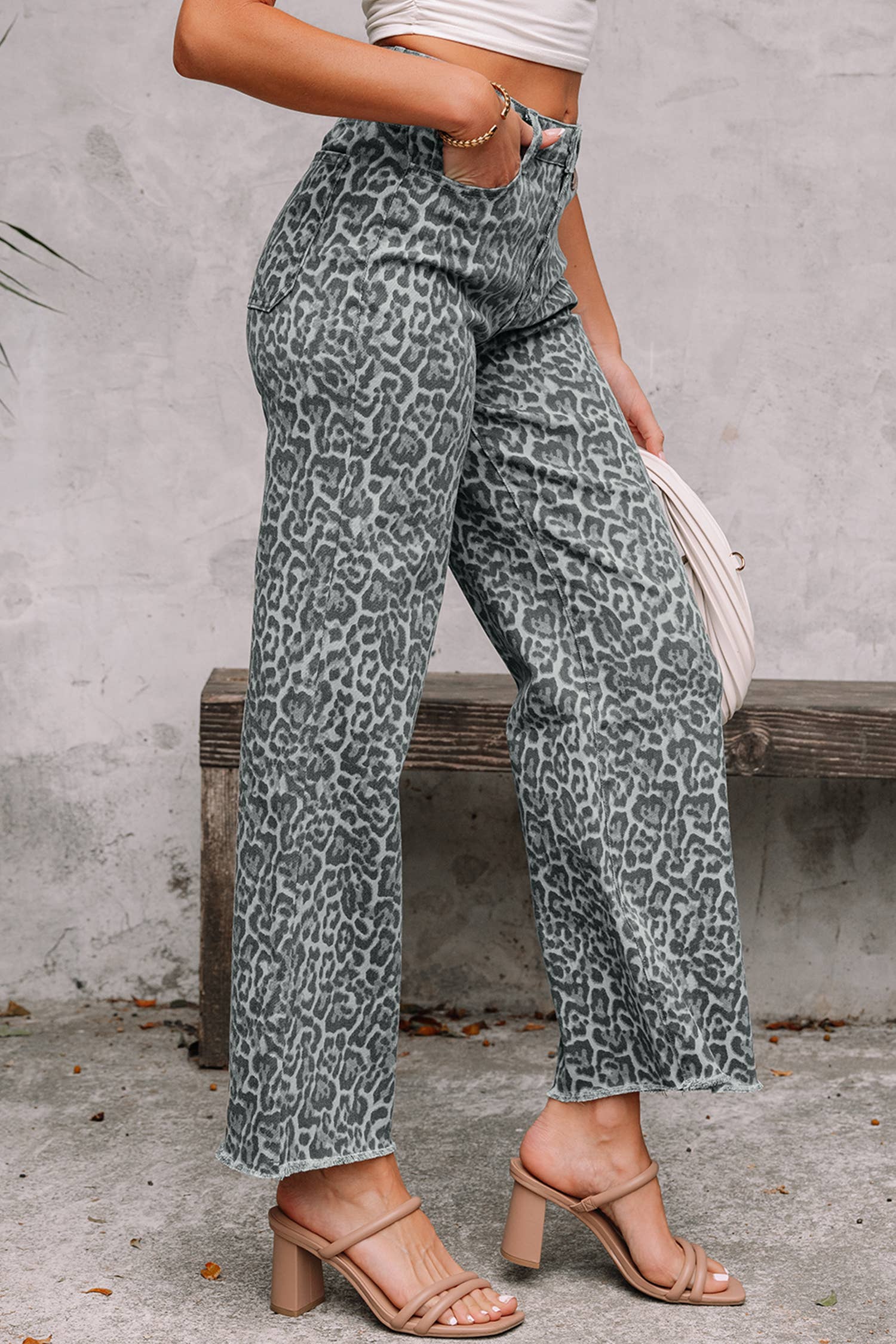 PRE-ORDER: LAS Leopard Frayed Edge Wide Leg High Waist Jeans (4-16)