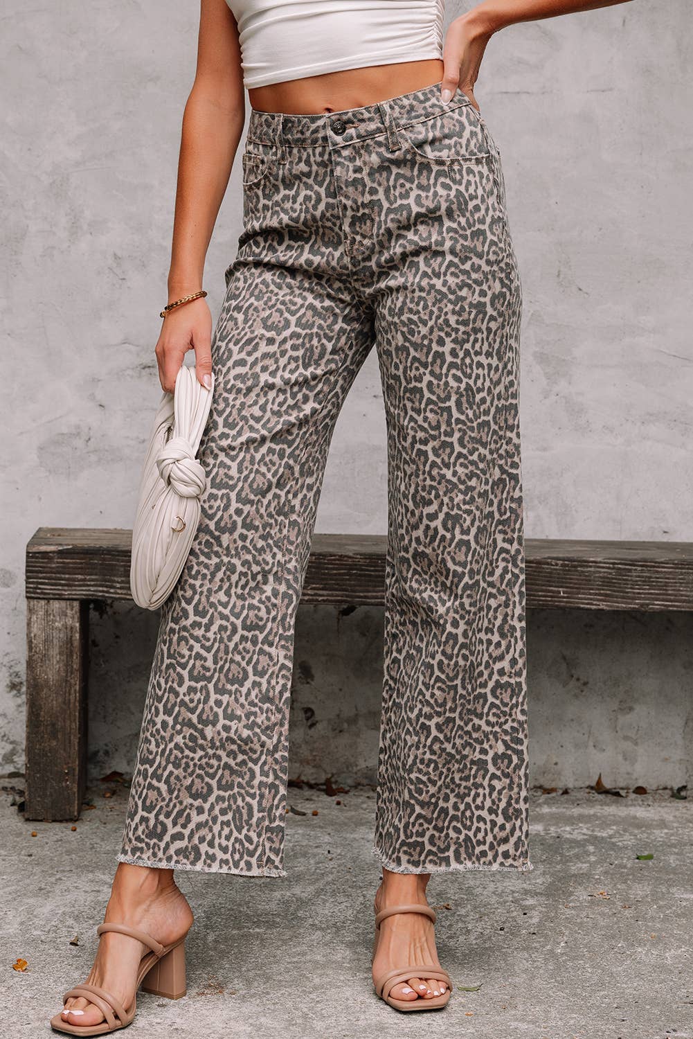 PRE-ORDER: LAS Leopard Frayed Edge Wide Leg High Waist Jeans (4-16)