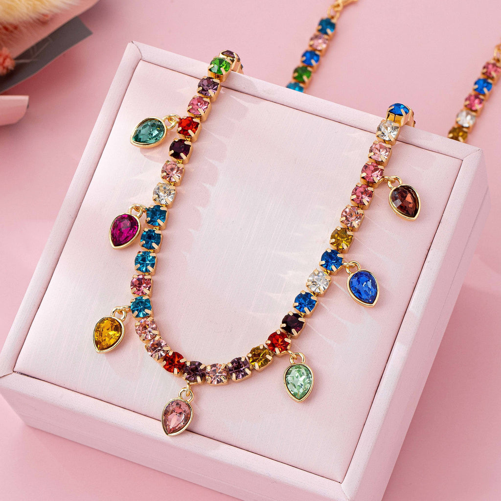 Multicolor Glass Crystal Tennis Teardrop Necklace | 80N92890