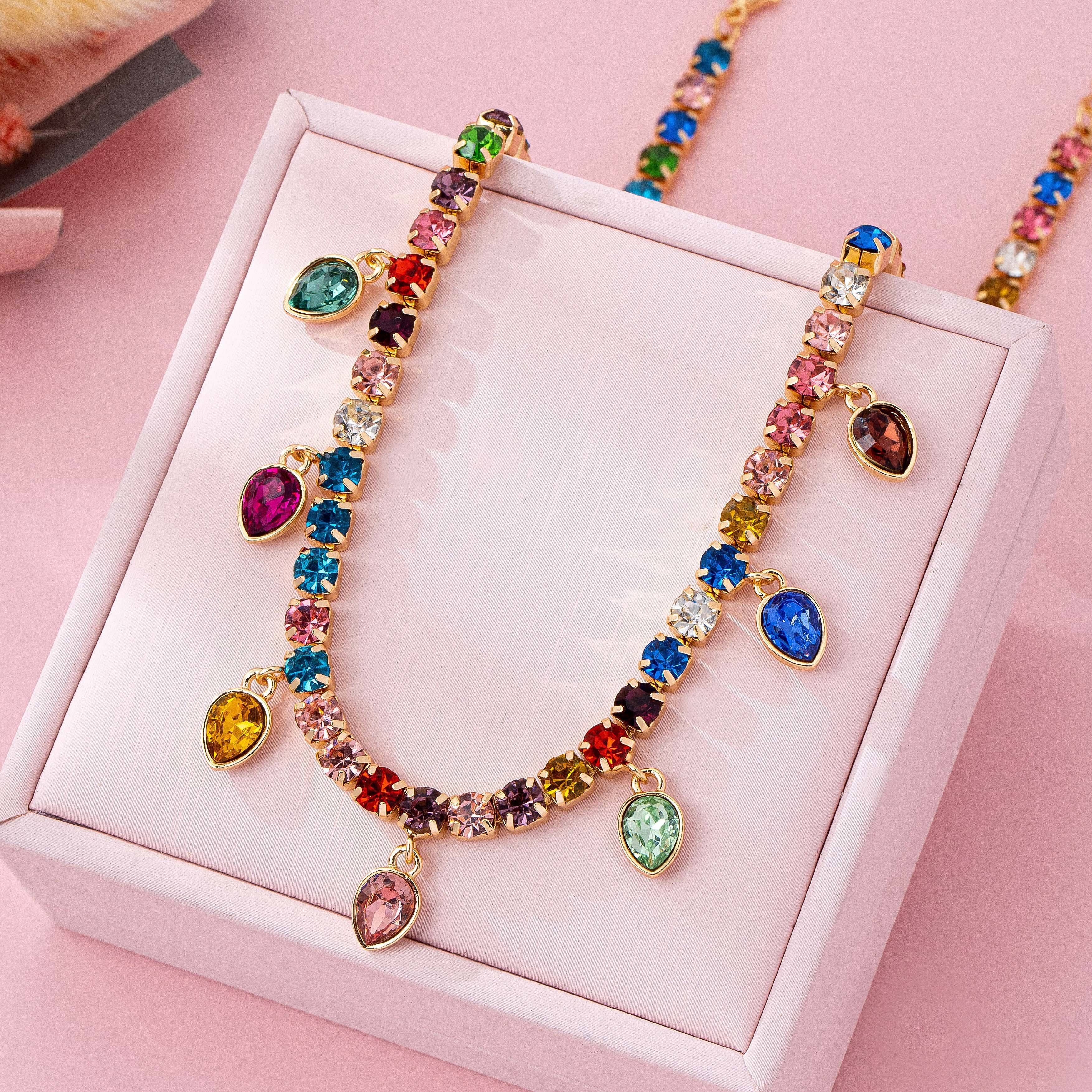Multicolor Glass Crystal Tennis Teardrop Necklace | 80N92890