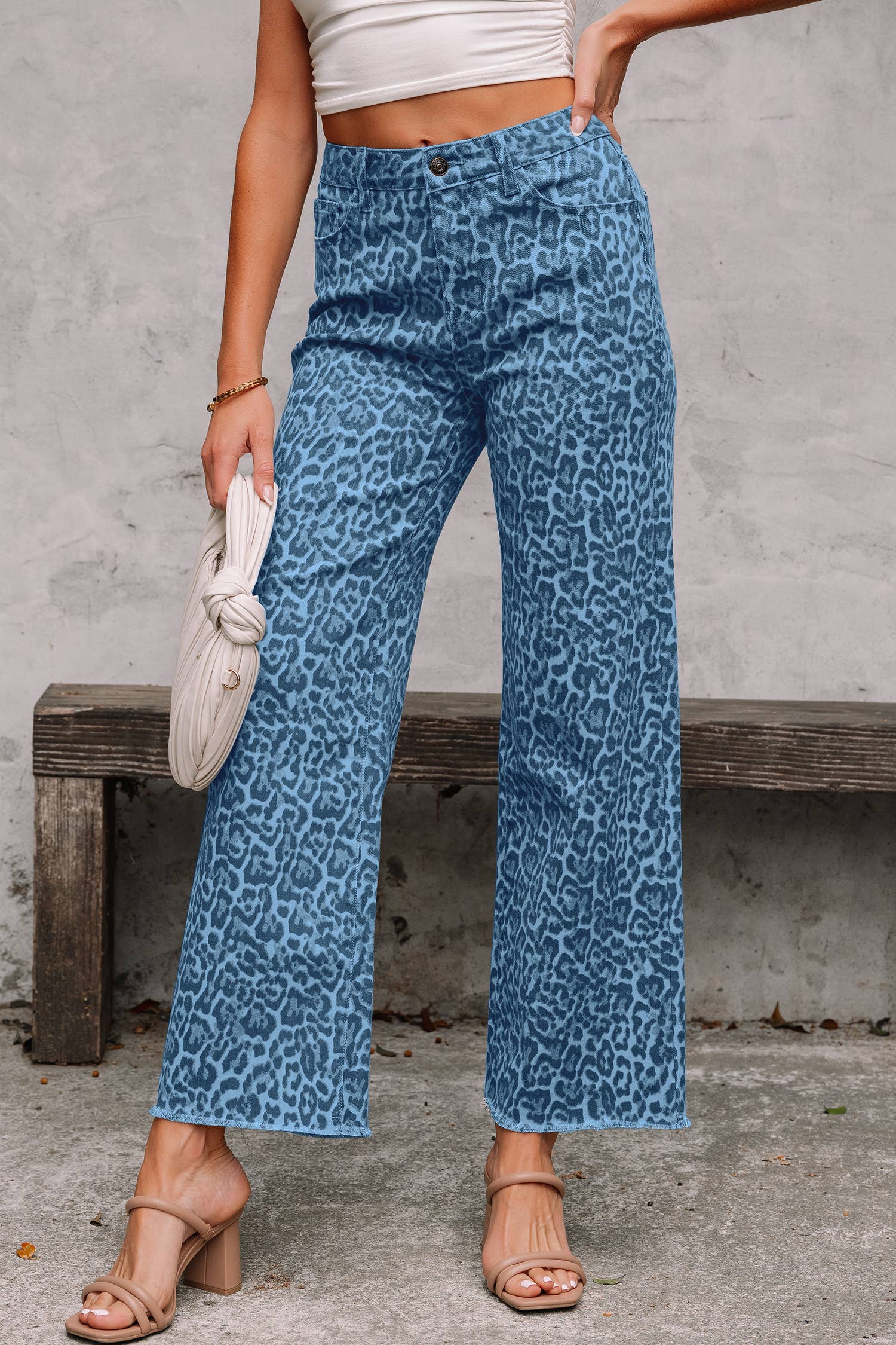 PRE-ORDER: LAS Leopard Frayed Edge Wide Leg High Waist Jeans (4-16)